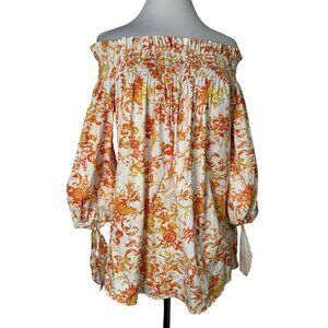 Caroline Constas LOU Off Shoulder Cotton Floral Print Orange White Top Sz M
